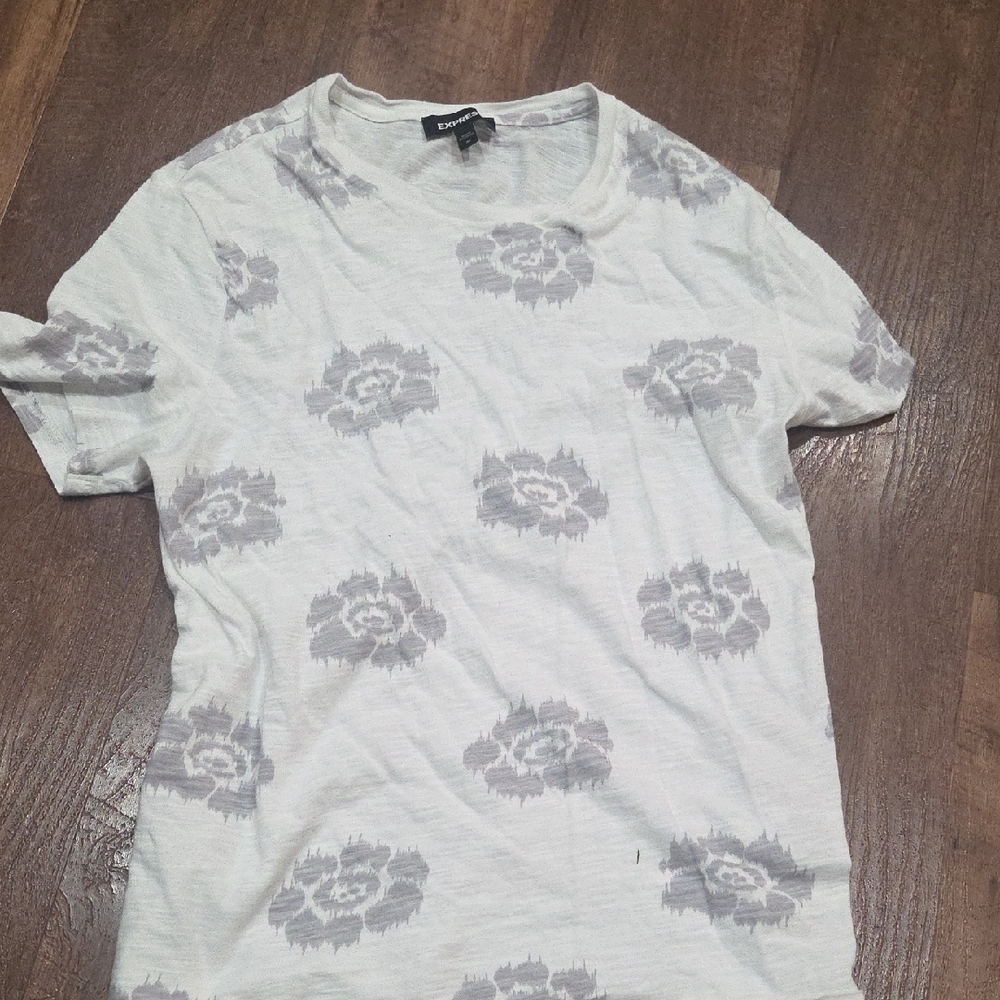 Express White Tee with Gray Floral Design
